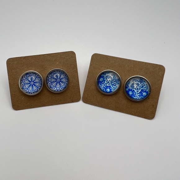 Classic Silver & Blue Stud Earrings - Stylish Blue Trendy Small Earrings - Picture 11 of 13